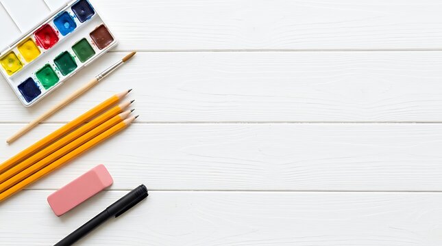 Flat lay composition with school supplies including paints pencils brush and rubber on a white wooden background representing exercise and education flat lay school supplies white wooden paints tubes