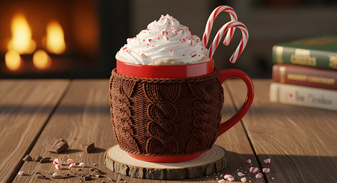 Cozy hot chocolate with candy canes and whipped cream by a warm fireplace