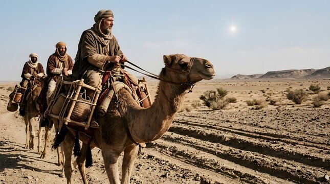 A cinematic close-up of the Three Kings riding camels beneath a crisp winter desert sky, their treasured offerings nestled inside traditional carriers decorated with understated craftsmanship, distant