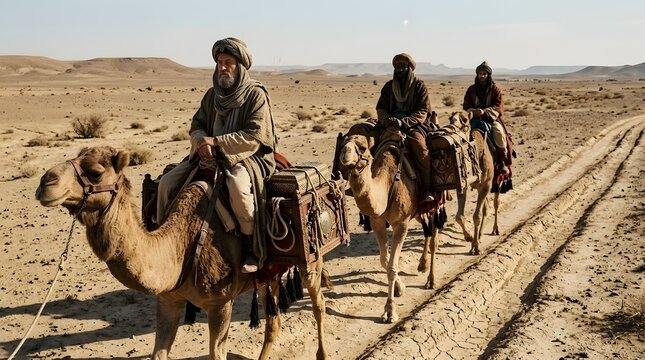A cinematic close-up of the Three Kings riding camels beneath a crisp winter desert sky, their treasured offerings nestled inside traditional carriers decorated with understated craftsmanship, distant