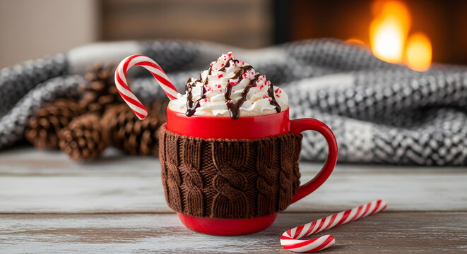 Cozy peppermint hot chocolate mug with whipped cream and candy cane by fireplace