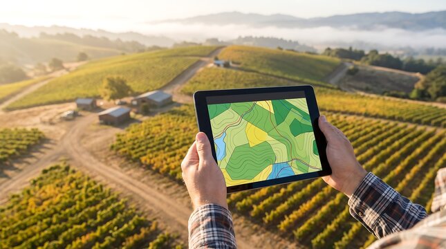 Farmer Using Digital Tablet Technology to Monitor Crop Growth and Vineyard Soil Health in Rural Agricultural Field
