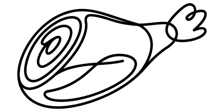 Single continuous line illustration of roasted meat ham leg silhouette for butcher shop logo and traditional farmhouse food market branding materials.