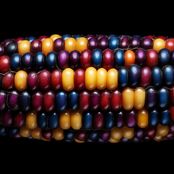 Closeup of multicolored corn cob isolated on black background with clipping path, concept of agriculture and harvest season