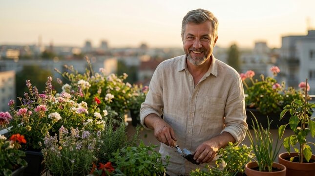 Senior Man Gardening on Sunset Balcony, Warm Genuine Smile