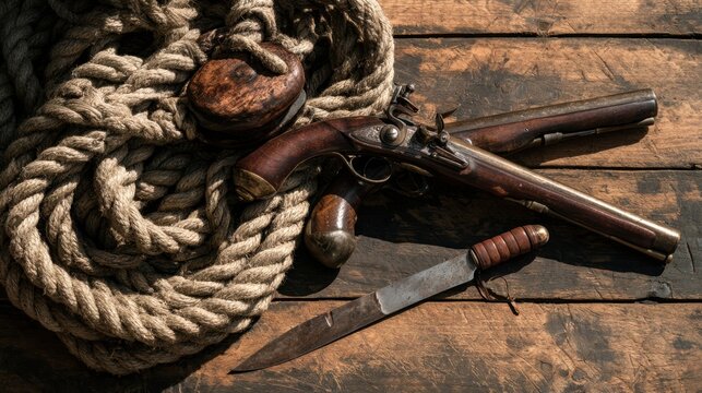 ancient vintage pirate weaponry featuring flintlock pistols combat knife thick coiled rope wooden pulley arranged rustic background classic maritime adventure nautical exploration concept design