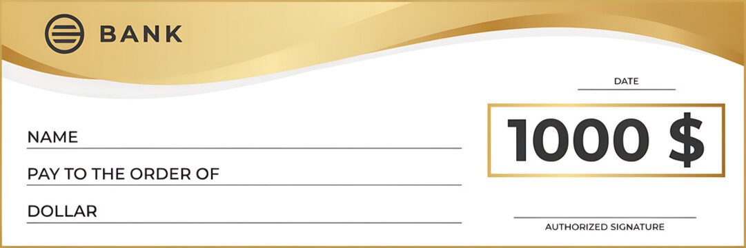 A blank bank check template featuring a golden wave on the border with a white background, and a one, thousand dollar amount box