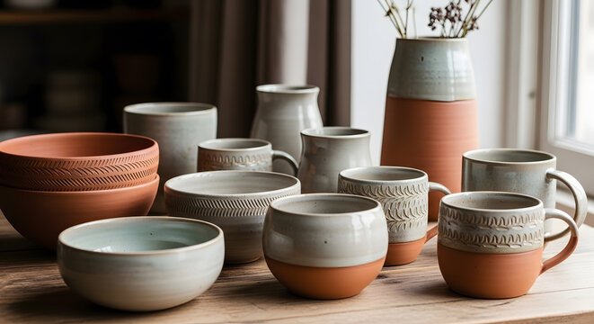Rustic handmade ceramic pottery collection on wooden table near a window