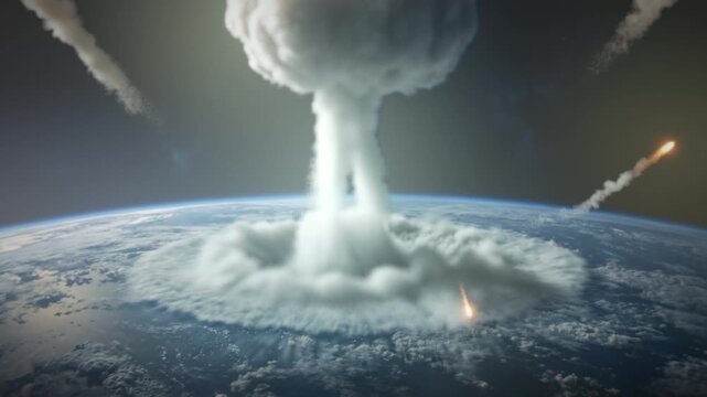 Dramatic universe destruction scene. Vivid imagery of cosmic and atmospheric annihilation. Striking visualization of catastrophic planetary and atmosphere obliteration