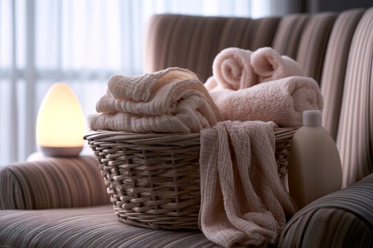Soft dawn close up detail of a bedside care basket, from a side perspective with natural light
