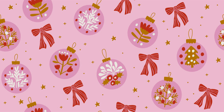 Girly Christmas bauble seamless pattern with pink hand drawn ornaments featuring delicate botanical motifs, red bows, golden stars and tiny festive dots on a soft powder pink background