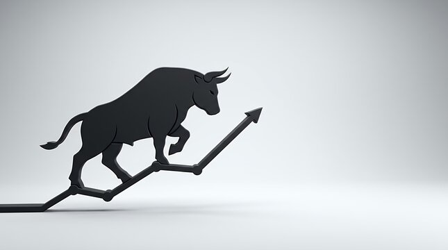 A striking 3D silhouette of a bull standing on a technical financial graph representing a rising stock market uptrend and positive investment sentiment. silhouette form of bull bull on technical