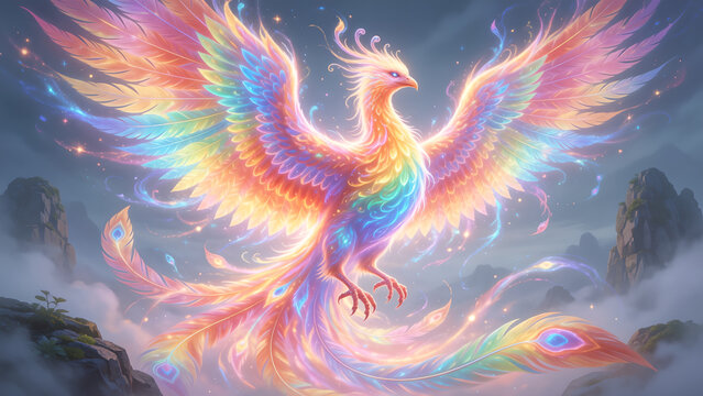 Majestic mythical phoenix bird with vibrant rainbow feathers soaring through a misty mountain landscape.
