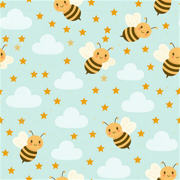 Cute bee and star seamless pattern on pastel blue