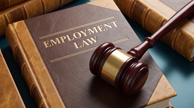 Employment Law Book with Judge Gavel on Wooden Table