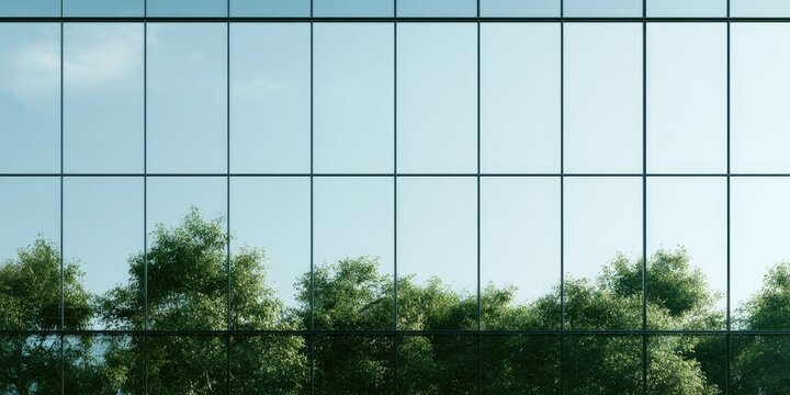 Reflective glass facade mirrors a bright blue sky and lush green treetops