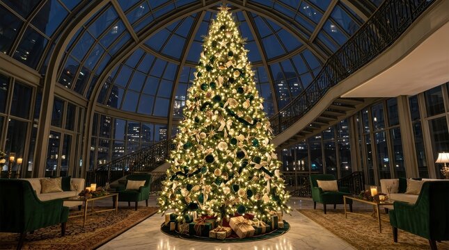 Giant illuminated christmas tree in a luxury hotel atrium with glass dome and city view at night