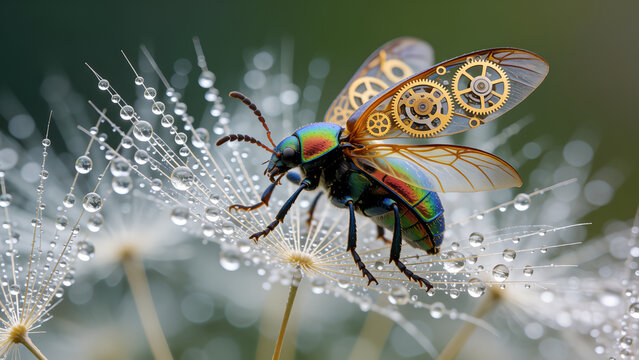 A surreal mechanical beetle with clockwork wings resting on a wet dandelion seed head.