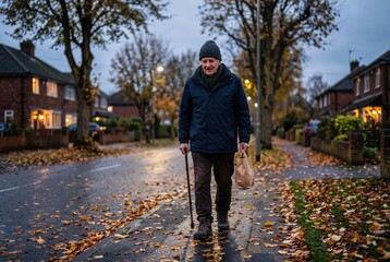 Obraz premium An elderly man walks slowly along a street lined with houses, holding a bag in one hand and a cane in the other. The ground is covered with fallen leaves. It is dusk