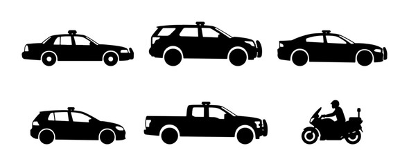 Police Vehicle Icons Set: Patrol Cars, SUV, Pickup Truck, Motorcycle Officer, Law Enforcement Transportation © Sriti
