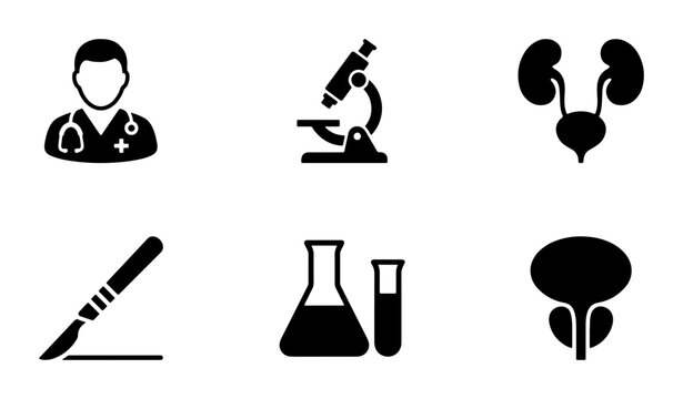 Medical Icons Set: Doctor, Microscope, Kidneys, Scalpel, Lab Flasks, Urology