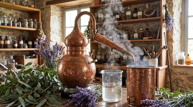 Traditional copper alembic distillation of pure botanical essential oil and floral water