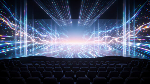 Empty modern cinema hall with glowing abstract light projection on the screen.