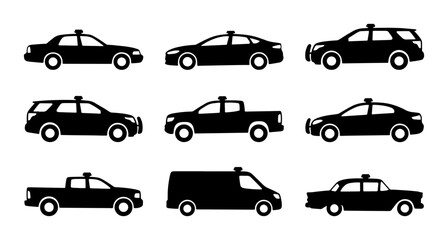 Diverse Police Car Icons, Black Silhouette Vehicles, Law Enforcement Transportation Set © Sriti