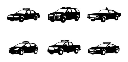 Police Car Icons Set: Law Enforcement Vehicles, Patrol Cars, Emergency Services, Black Silhouettes © Sriti