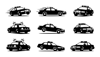 Police Car Icons, Law Enforcement Vehicle Silhouettes, Black and White Patrol Cars, Emergency Transport Set © Sriti