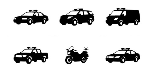 Police Vehicle Icons Set: Car, SUV, Van, Truck, Motorcycle, Silhouette Collection © Sriti