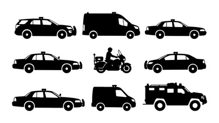 Police Vehicle Icons, Law Enforcement Transportation Set, Emergency Services Fleet Silhouettes © Sriti