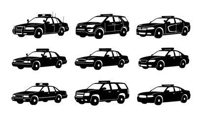 Police Car Icons, Law Enforcement Vehicle Set, Black Silhouette Vector Graphics © Sriti