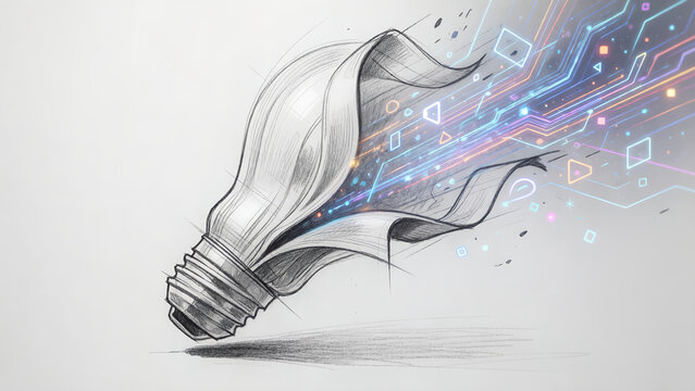 Conceptual illustration of a light bulb transforming into digital data and circuit board patterns.
