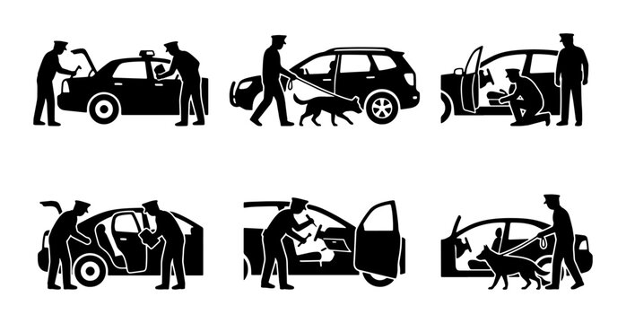 Car Inspection Icons Set, Vehicle Security Checks, Police Dog K9 Search Vector Graphics