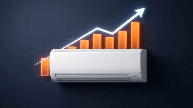 Air conditioner unit centered with rising price increase bar chart background showing economic inflation of consumer electric product costs