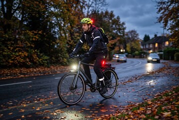 Fototapeta premium A cyclist rides along a road covered in autumn leaves. The sky is darkening as evening approaches. Cars are on the road while trees line the area