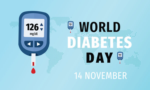 World diabetes day banner with blood glucose meter showing 126 mgdl on november 14th vector illustration