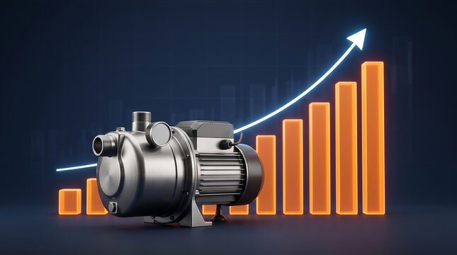 Water pump motor centered with rising price increase bar chart background showing economic inflation of consumer electric product costs