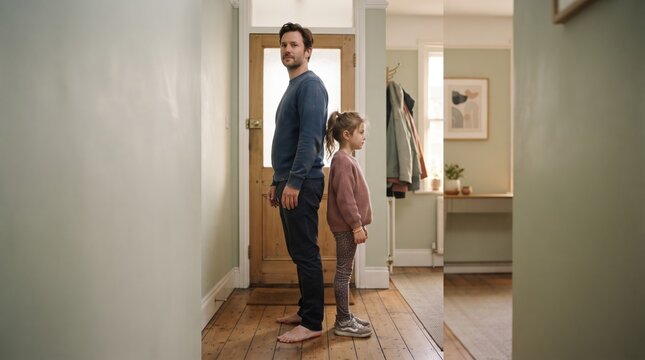 A father and his daughter stand back to back in a warm, inviting hallway, showcasing their height difference. The girl wears a cardigan while the man is in a casual sweater.