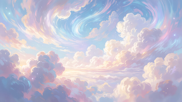 Dreamy pastel sky with soft swirling clouds and ethereal light.