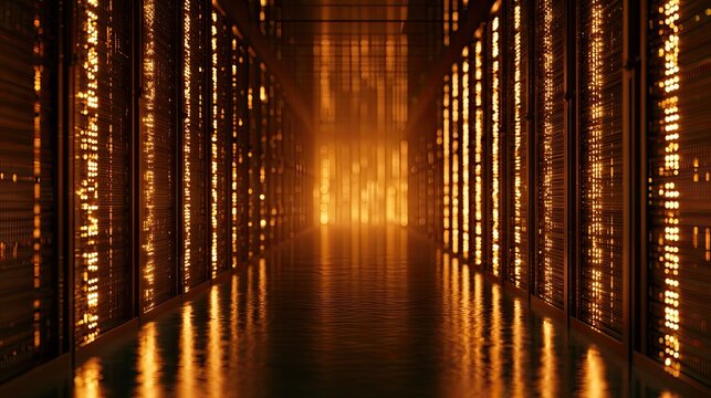 Illuminated hallway with glowing servers, reflecting light on a polished floor