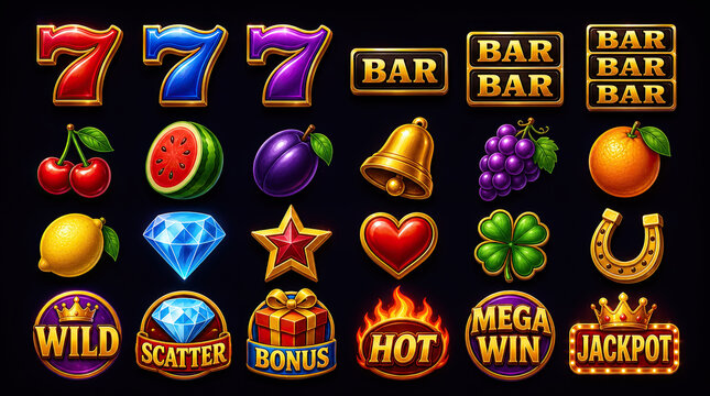 Casino Slot Machine Game Icons Collection gambling interface design on a black background.
