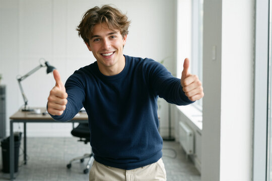 A young man enthusiastically poses in a modern office with thumbs-up and a wide smile, exuding confidence and youthful energy.