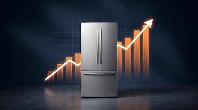 Modern refrigerator with rising price bar chart and glowing arrow showing significant appliance cost increase for kitchen home improvement