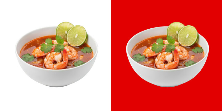 Spicy Thai Tom Yum Soup with Fresh Shrimp and Lime Garnish transparent png