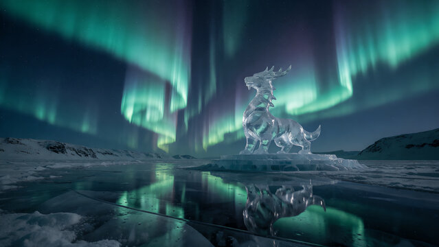 A majestic ice sculpture of a mythical creature stands on a frozen lake under vibrant aurora borealis lights.