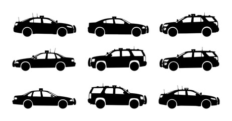 Police Car Icons, Law Enforcement Vehicle Silhouettes, Emergency Service Transport Collection © Dhriti