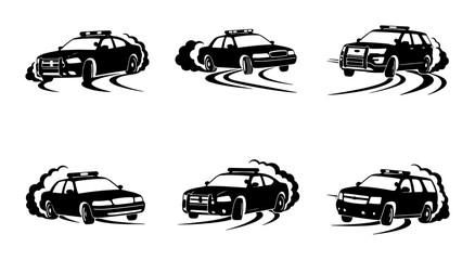 Police Car Drifting Vector Icons, Law Enforcement Vehicle Action Graphics, Emergency Service Car Motion Set © Dhriti