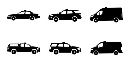 Black Silhouette Vehicle Icons Set: Police Car, SUV, Van, Pickup Truck, Wagon © Dhriti